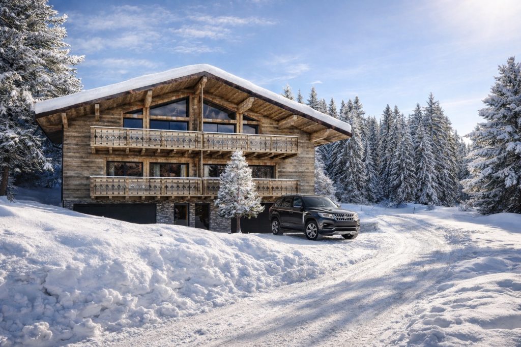 Rendu 3D d'un chalet bois haut de gamme aux Gets en hiver.