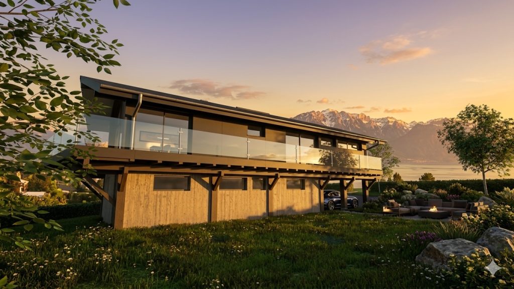 Rendu 3D d'une villa contemporaine à Excenevex face au lac Léman